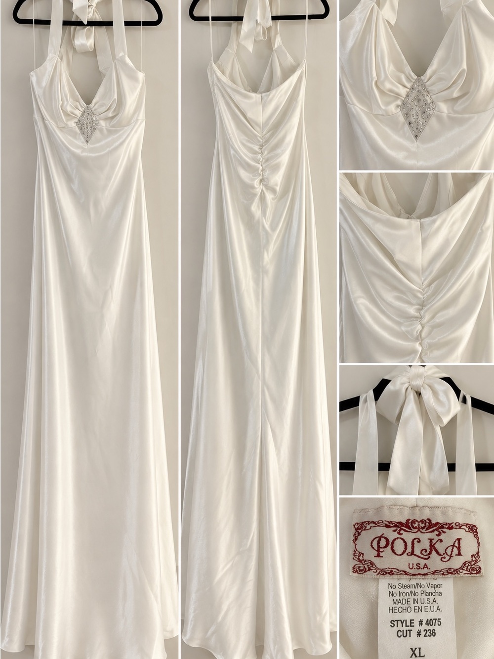 Vintage Y2K POLKA USA ivory satin rhinestone halter gown XL